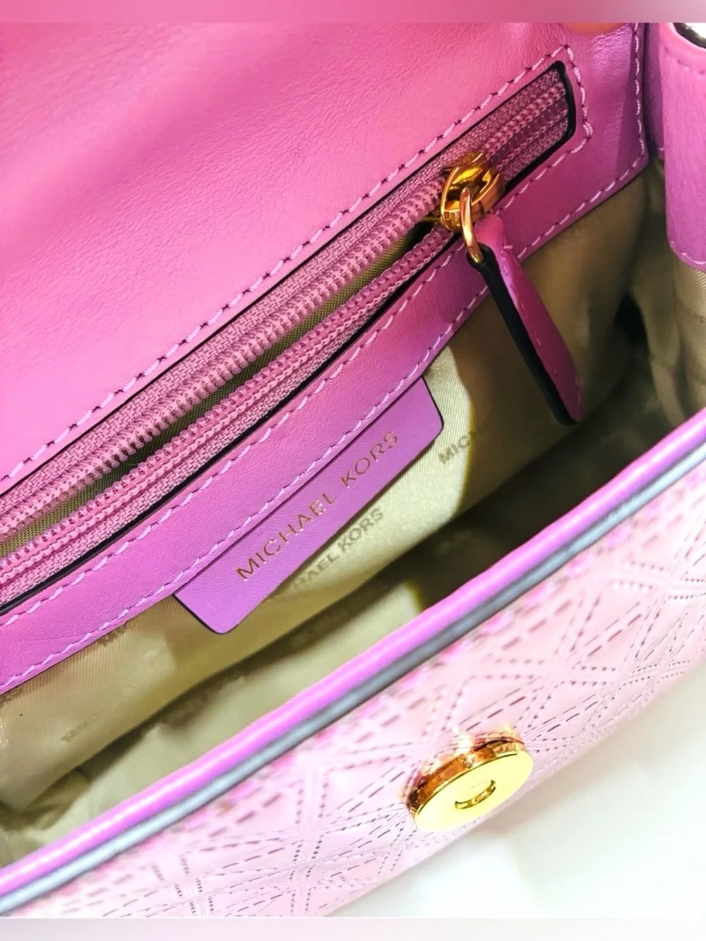 Michael Kors Pink Metallic Quilted Satchel Bag with handle. Shines!